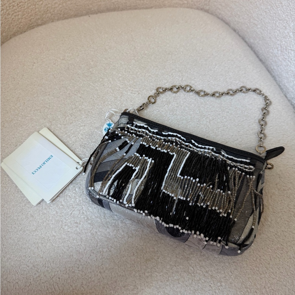 Emilio Pucci Black and Silver Beaded Chain Wristlet